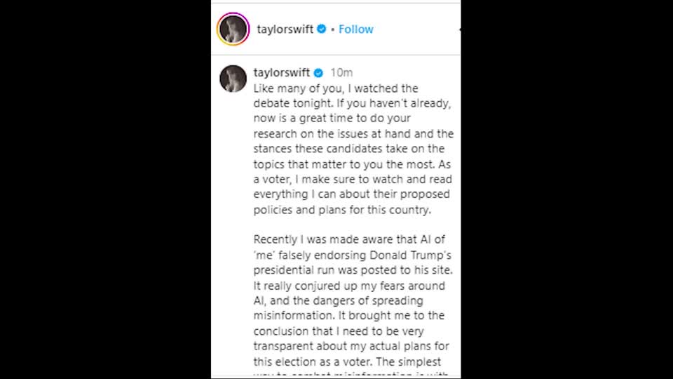 Taylor Swift says she will vote for Kamala Harris