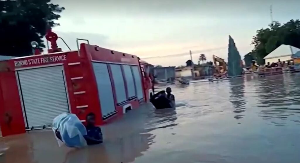 fire truck submerged by flood waters in Nigeria