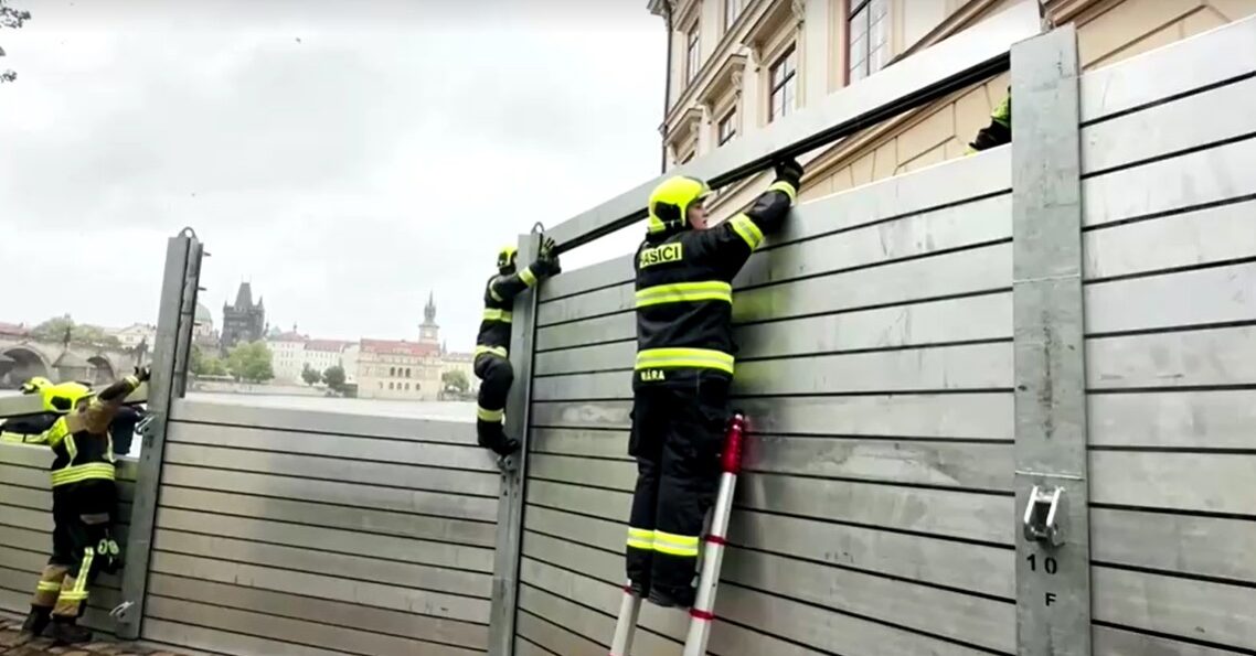 Prague was putting up flood defences in the city's historic centre