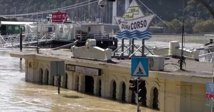 swollen Danube river in Budapest