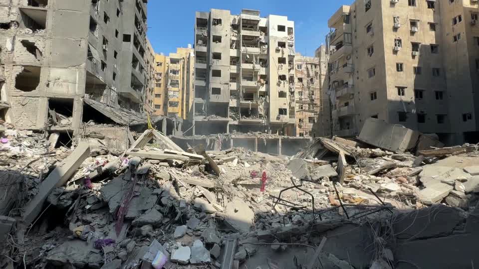 Damage and rubble on site of Israeli strike that killed Hezbollah's Nasrallah