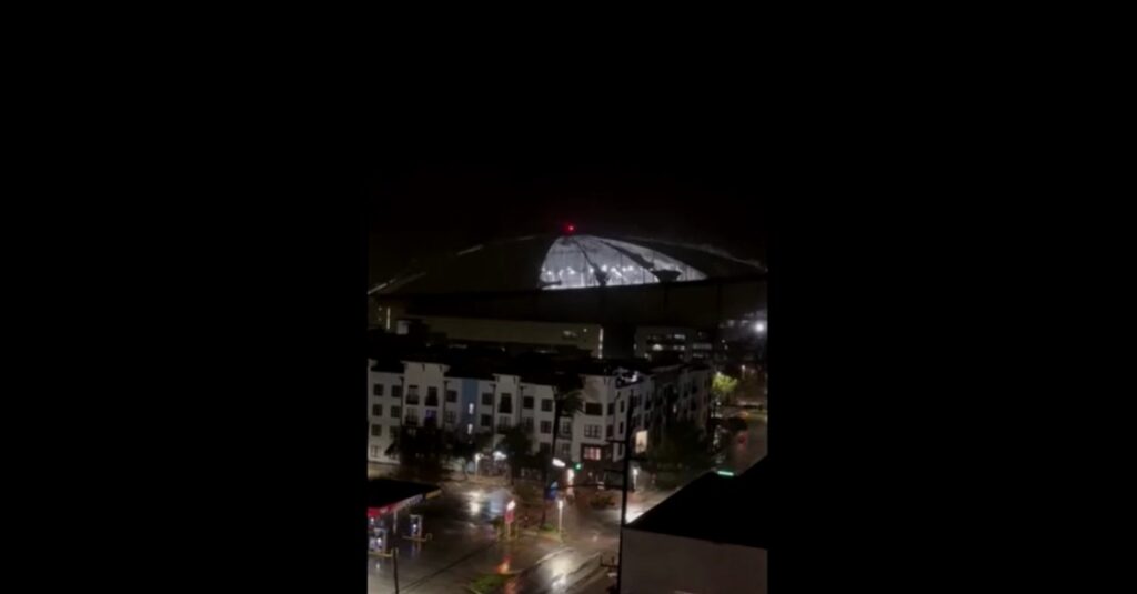 Hurricane winds tear the roof off Tropicana Field in St. Petersburg, Florida