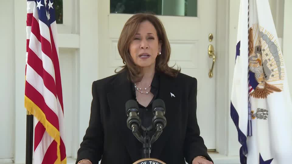 Kamala Harris speaks at her residence