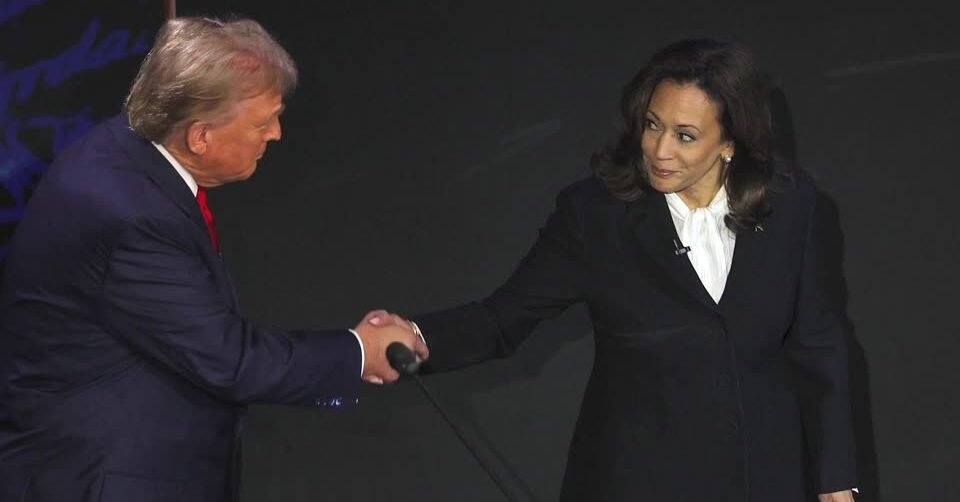 Donald Trump and Kamala Harris shake hand in debate