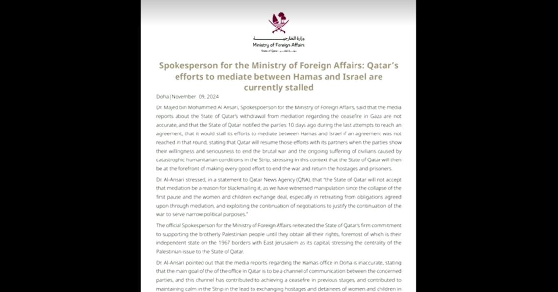 Qatar says its Gaza ceasefire mediation efforts currently stalled