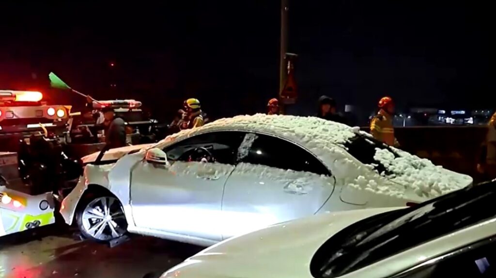 car accident in South Korea blanketed with snow