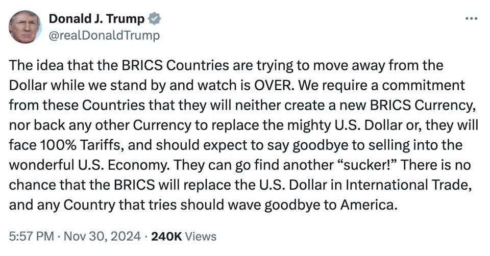 Trump warns BRICS nations against replacing US dollar