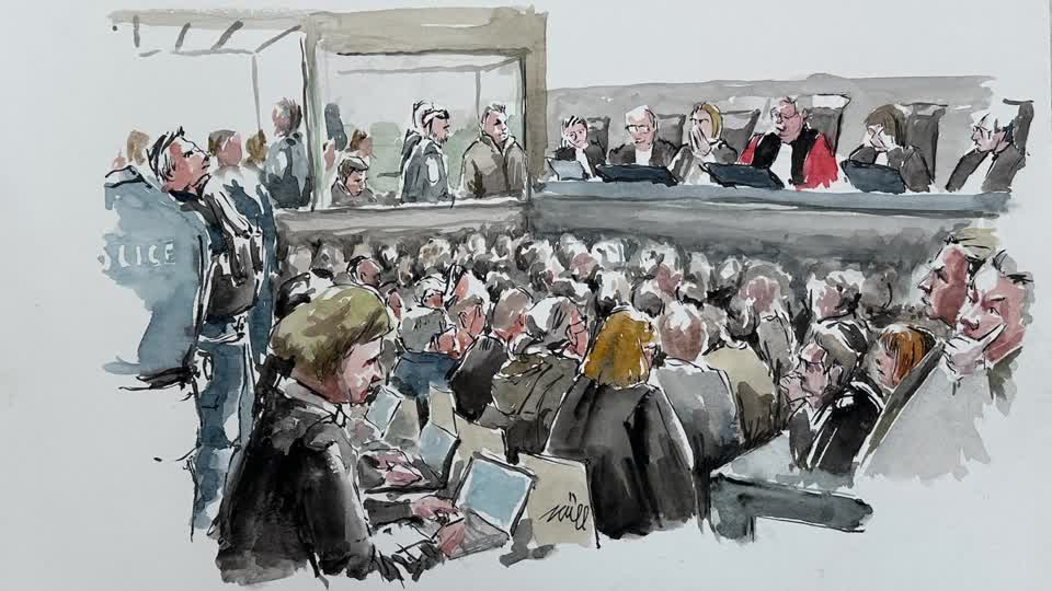 Sketch shows courtroom during verdict of French mass rape trial