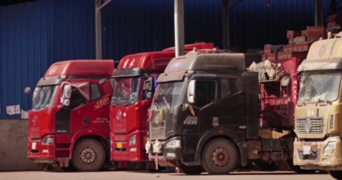 Chinese trucks parking in line