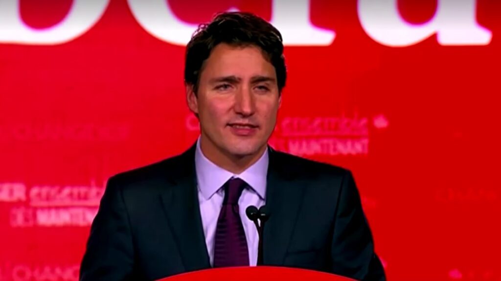 Justin Trudeau gives speech after win election in 2015