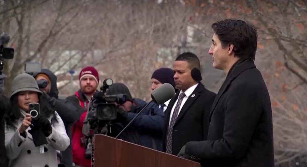 side view of Canada PM Trudeau makes press conference