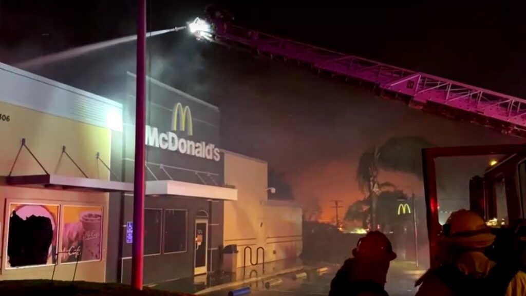 McDonald's restaurant in flames as Eaton Fire burns in Pasadena