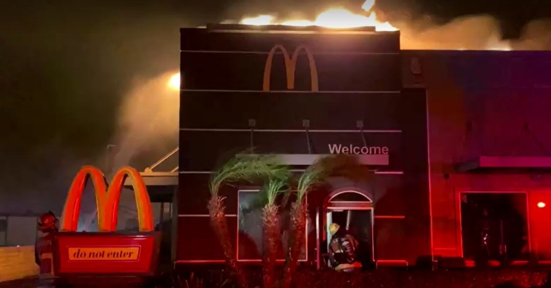 McDonald's restaurant in flames as Eaton Fire burns in Pasadena in California