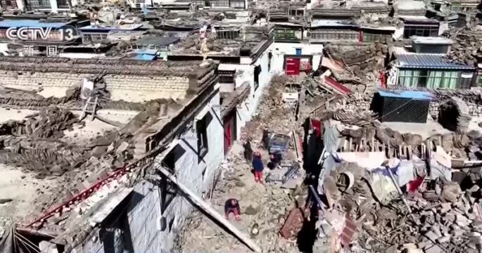 aerial view of damages from earthquake in Tibet