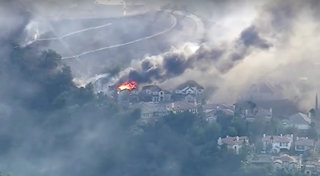 aerial view of homes set ablaze by Eaton Fire