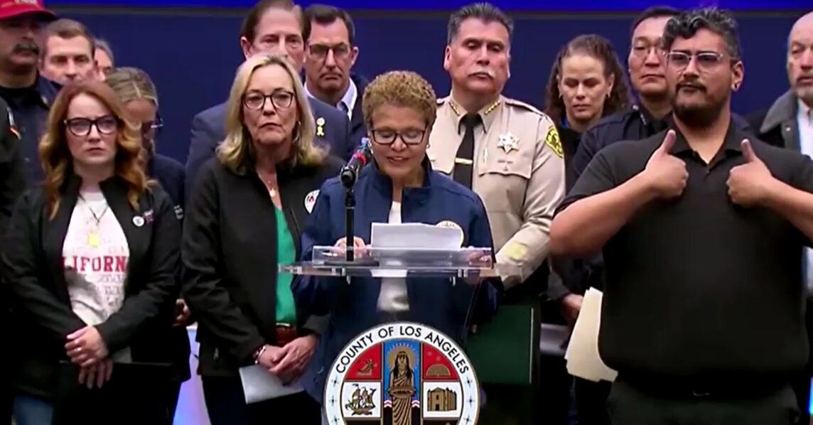 LA mayor Karen Bass speaks in a press conference