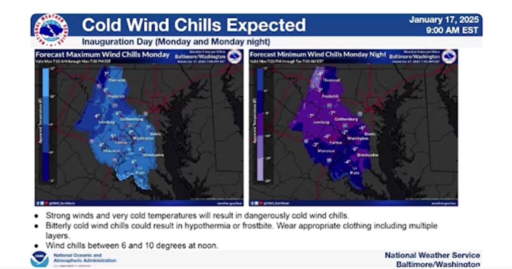 weather forecast in U.S. for Inauguration Day