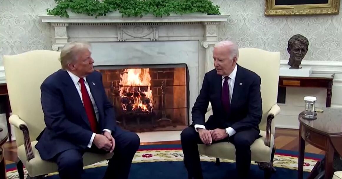 U.S. President Joe Biden and Trump shaking hands during meeting in Oval Office on November 13, 2024