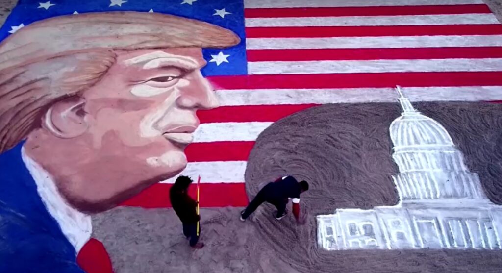 Donald Trump sand art created on Indian beach ahead of his inauguration close up shot