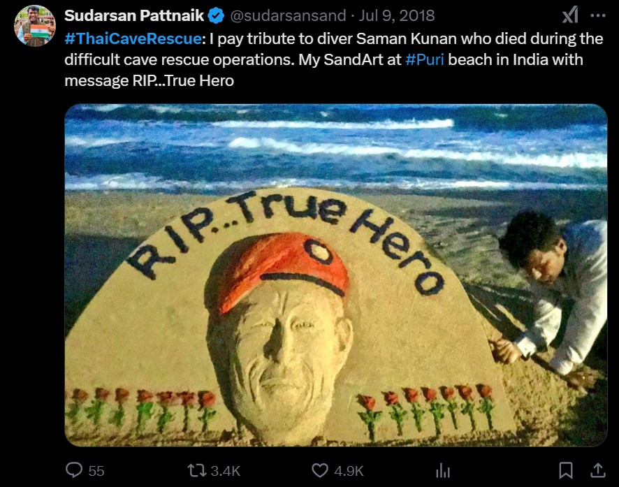 Indian artist makes sand art for rescuer died during Thai cave rescue