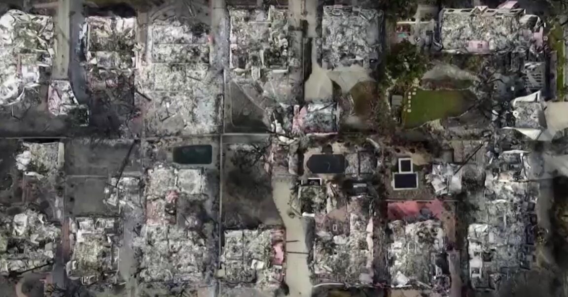 aerial view of damaged community from LA fire