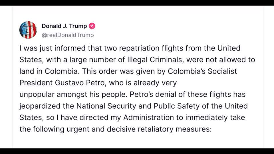 Trump slaps retaliatory measures on Colombia after it turns away deportation flights