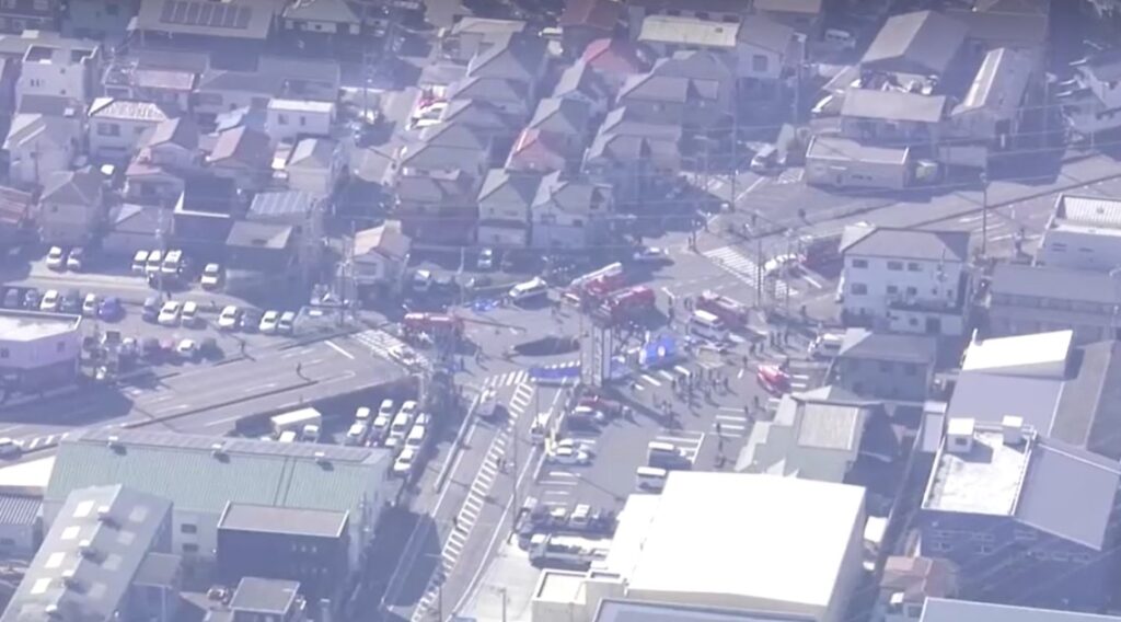 aerail view of truck fell in large sinkhole at an intersection in Saitama Prefecture, near Tokyo