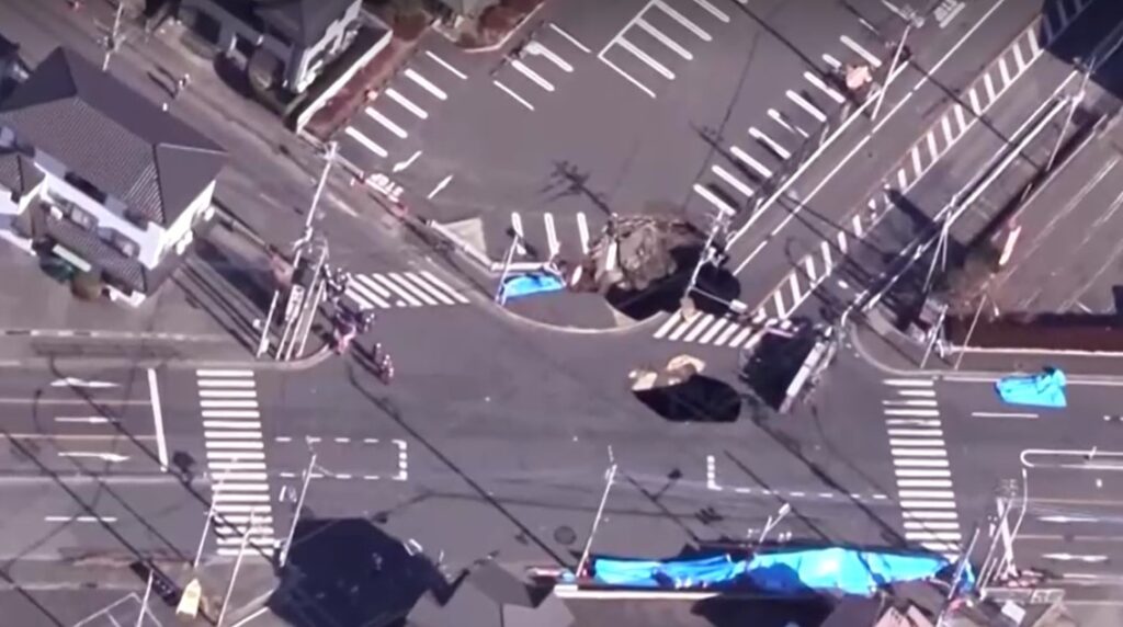 large sinkhole at an intersection in Saitama Prefecture, near Tokyo Jan. 29, 2025