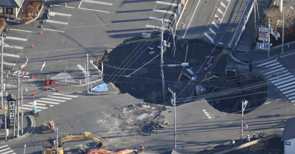 large sinkhole at an intersection in Saitama Prefecture, near Tokyo Jan. 30, 2025