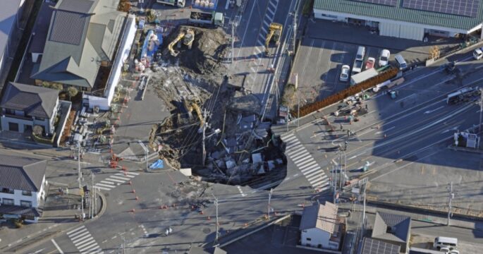 sinkhole at an intersection in Yashio, Saitama Prefecture, on Jan. 31, 2025