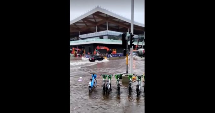 street near Sydney Fish Market flooded