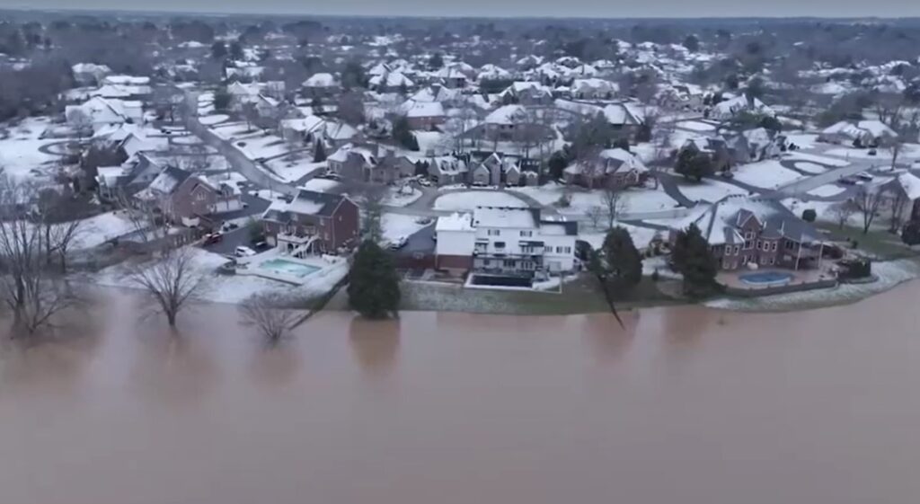 aerial view of flood in snow blanketed Kentucky 