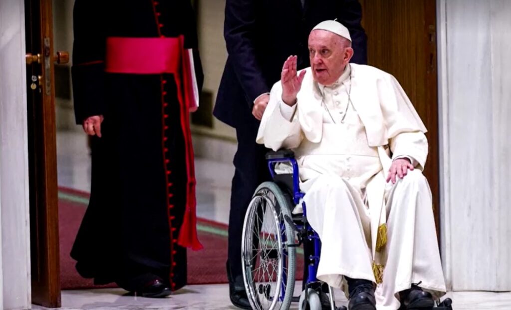 Pope Francis used a wheelchair in public on May 5, 2022 for the first time