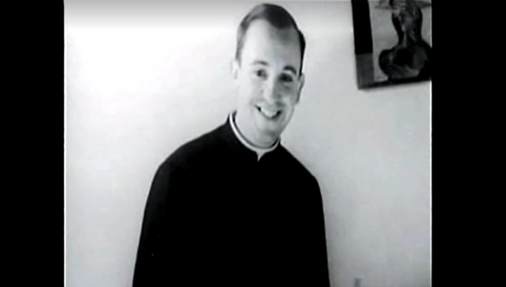 Still photograph of a young Bergoglio as priest