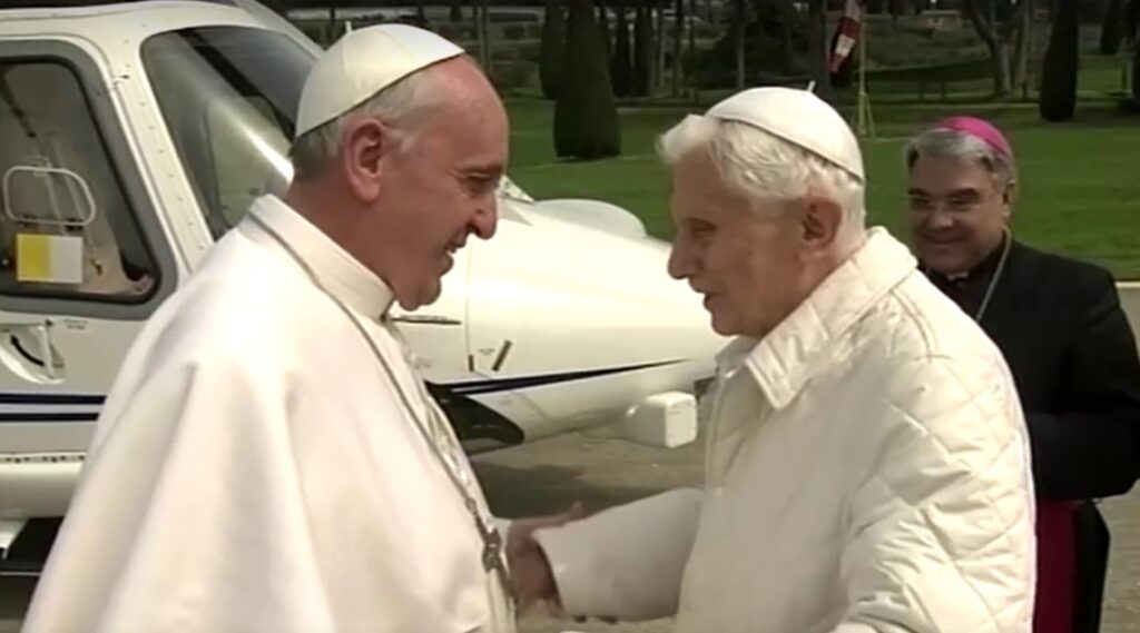 Pope Francis meet former Pope Benedict XI on March 23, 2013