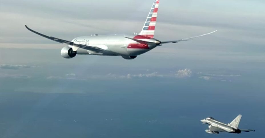 Italian Eurofighter jets escorting American Airlines flight to landing at Fiumicino airport