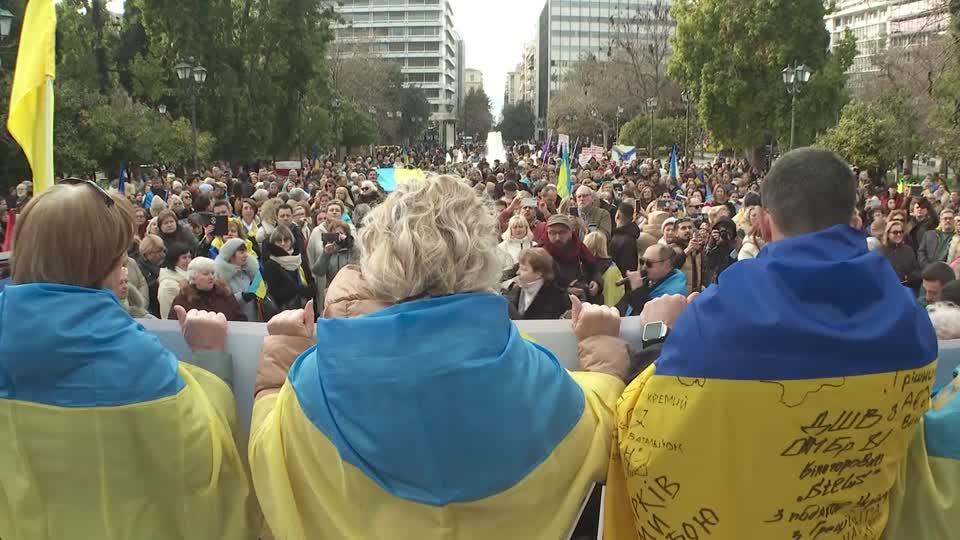 People march in Athens, marking third anniversary of the war in Ukraine