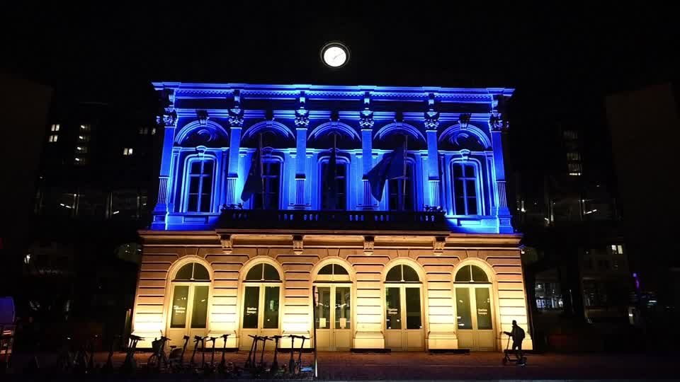 EU buildings lit up in Ukrainian colours on invasion anniversary