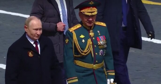 Russian President Vladimir Putin walking with Russian Defence Minister Sergei Shoigu after Victory Day parade May, 2024