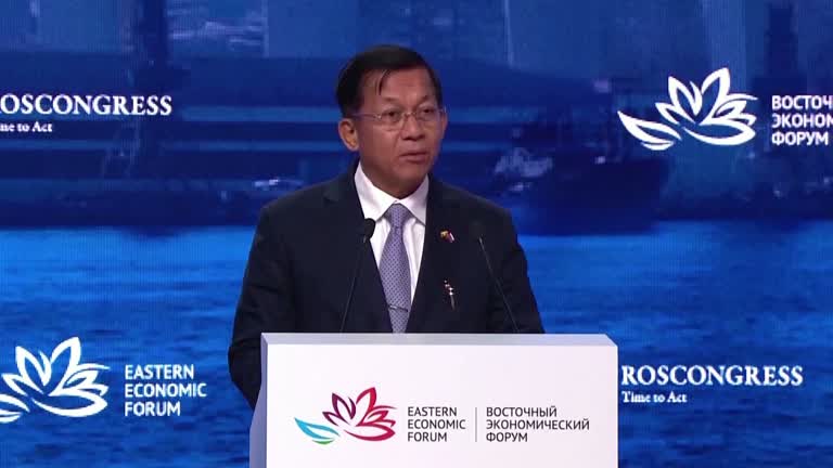 Myanmar's junta Chief Min Aung Hlaing speaks at the Eastern Economic Forum hosted by Russia Sep 7, 22