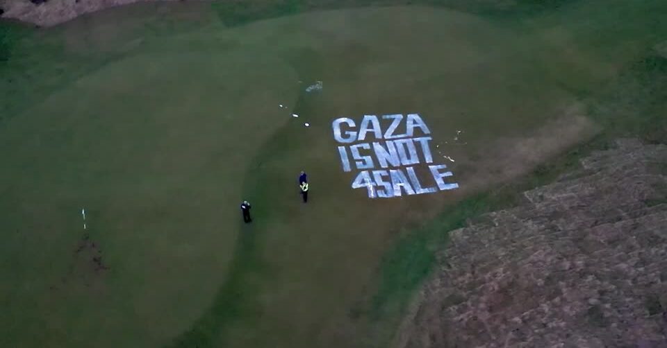 Drone video shows aftermath of pro-Palestinian protest at Trump golf course in Scotland