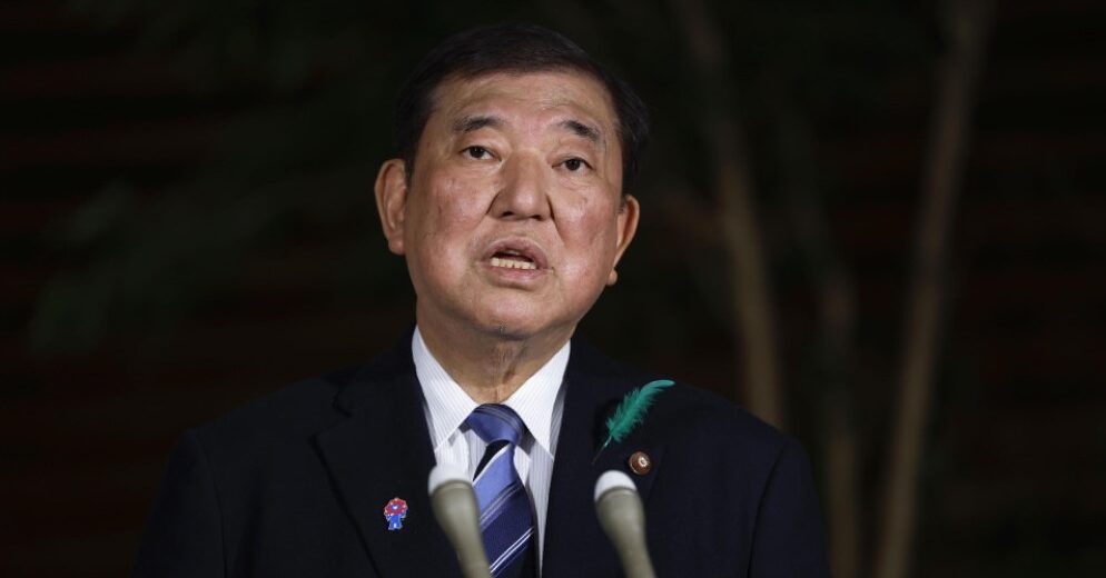 Japanese Prime Minister Shigeru Ishiba speaks to reporters on April 18, 2025