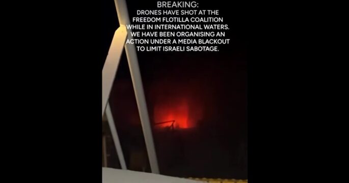 Moment Gaza aid flotilla attacked by drones
