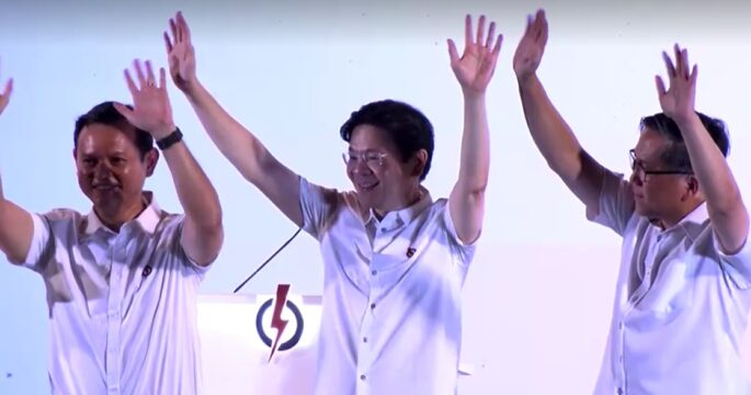 Singapore's Prime Minister Lawrence Wong addressing supporters after election
