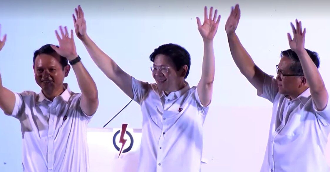 Singapore's Prime Minister Lawrence Wong addressing supporters after election