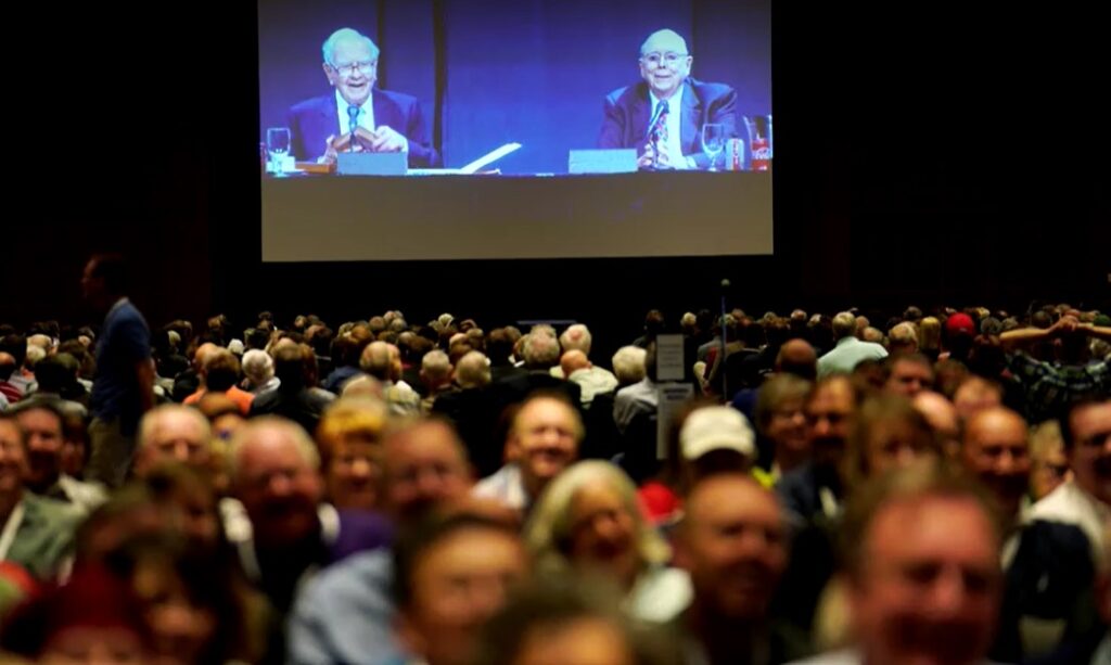 Buffett and Abel on screen in Berkshire's annual meeting