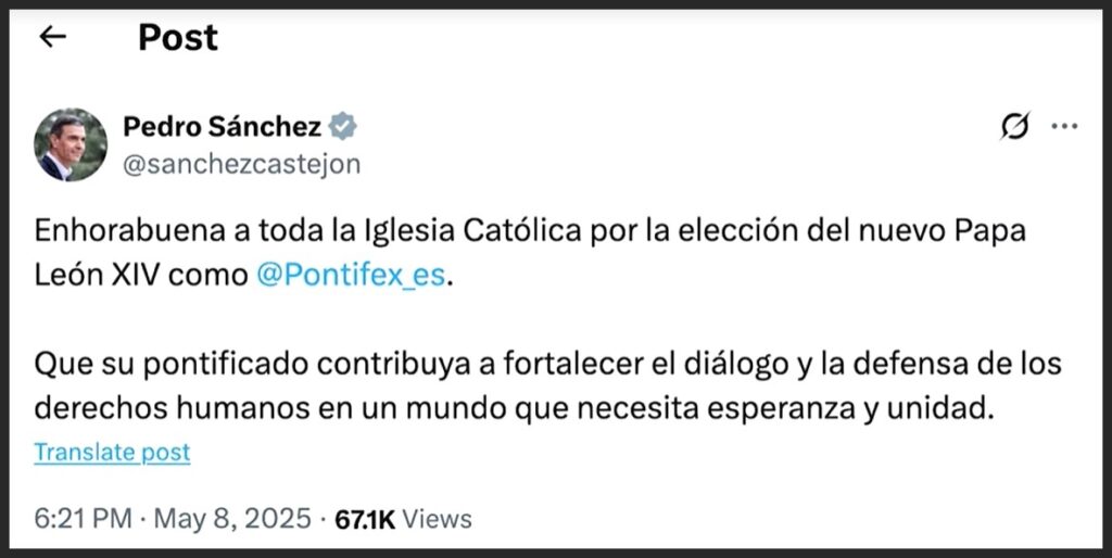 Spain's Pedro Sanchez posts on new Pope