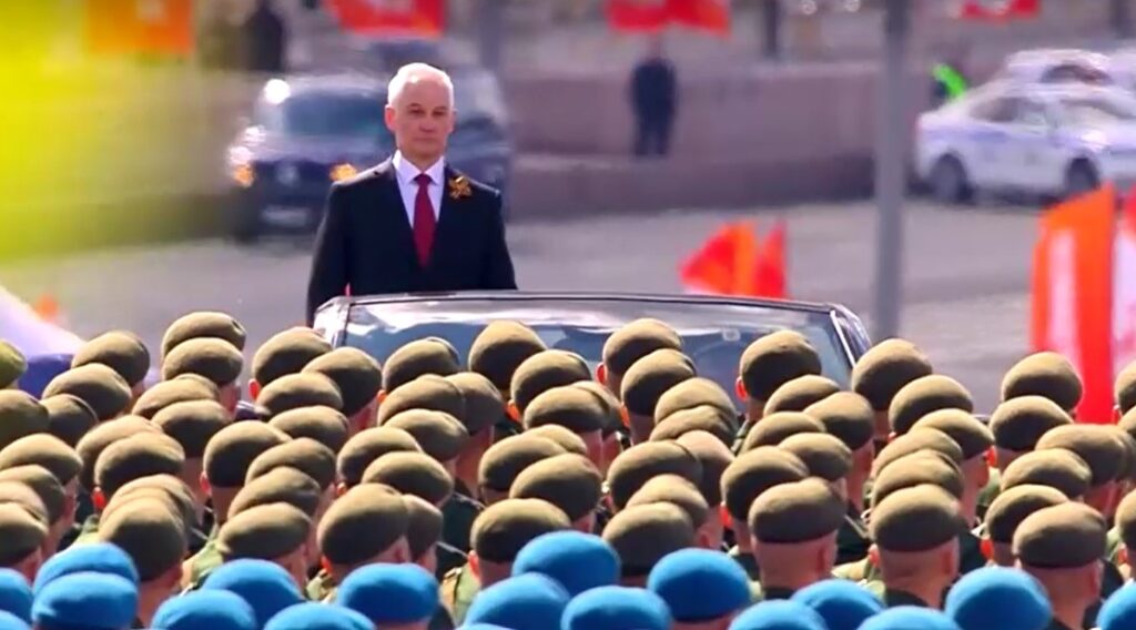 Russian Defence Minister Andrei Belousov arriving to parade