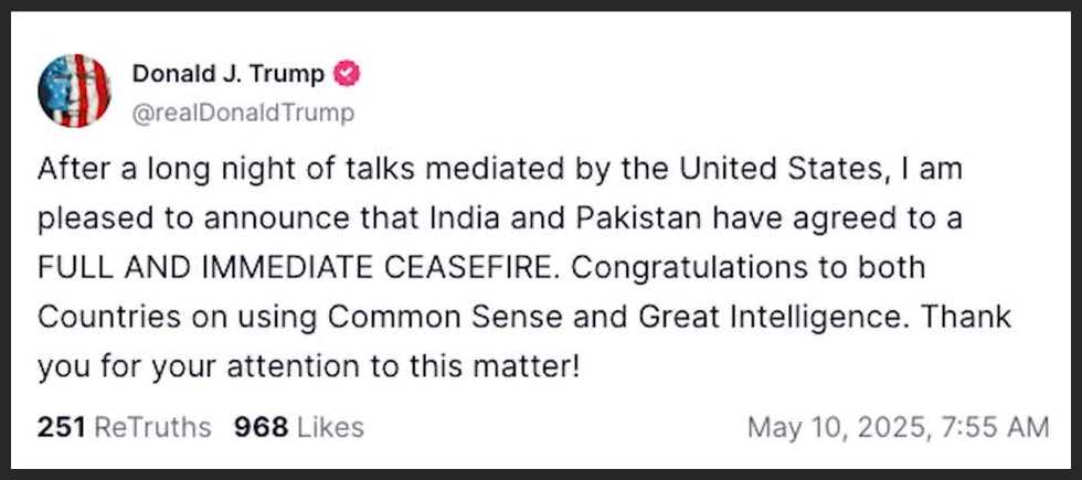 Trump says India and Pakistan agreed to a 'full and immediate ceasefire'