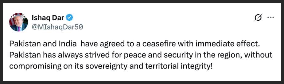 Pakistan and India agree to ceasefire with 'immediate effect', Pakistan's FM says